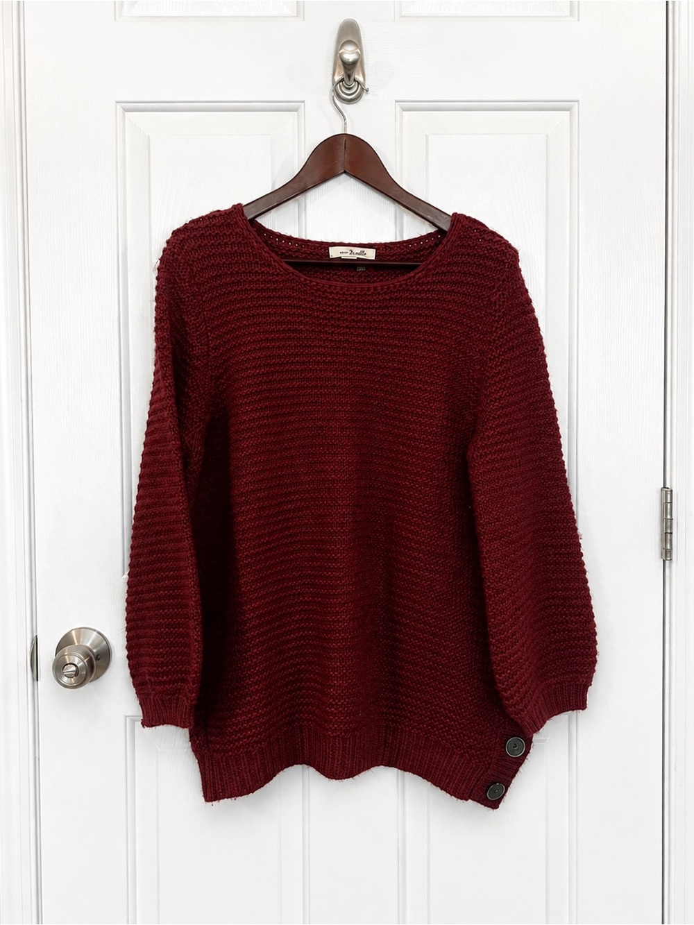 Simply Noelle Burgundy Knit Crewneck Sweater with Side Buttons